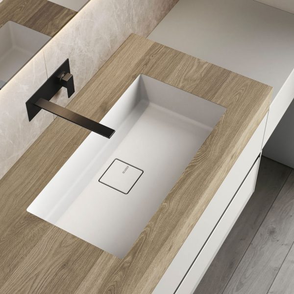 Piano in HPL con lavabo integrato in Mineralsolid